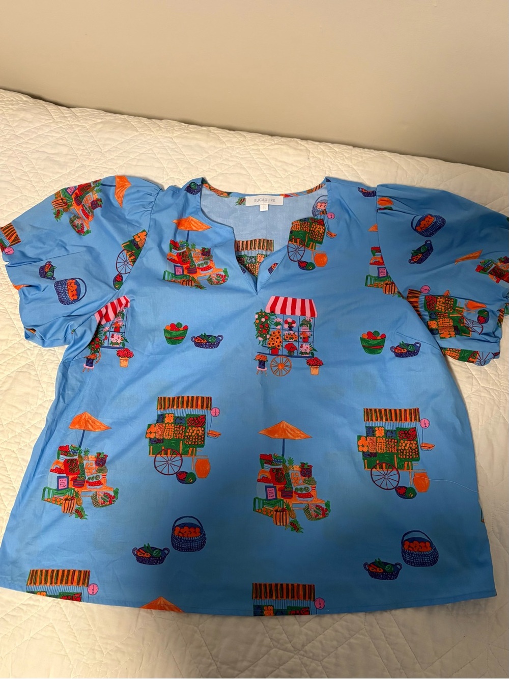 Sugarlips Blue Farmers Market Print Puff Sleeve Blouse Top 2X